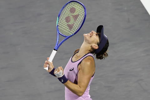 Switzerland's Belinda Bencic celebrates after defeating Kazakhstan's Elena Rybakina during their women’s semi-final singles match at the Abu Dhabi Open tennis tournament in Abu Dhabi on Friday.
