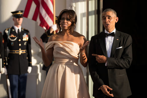 First Lady Michelle Obama and U.S. President Barack Obama wait for leaders to arrive for the Nordic state dinner on the North Portico at the White House, May 13, 2016, in Washington, DC.