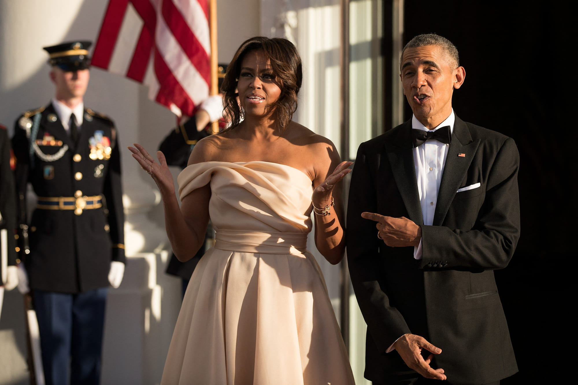 First Lady Michelle Obama and U.S. President Barack Obama wait for leaders to arrive for the Nordic state dinner on the North Portico at the White House, May 13, 2016, in Washington, DC.
