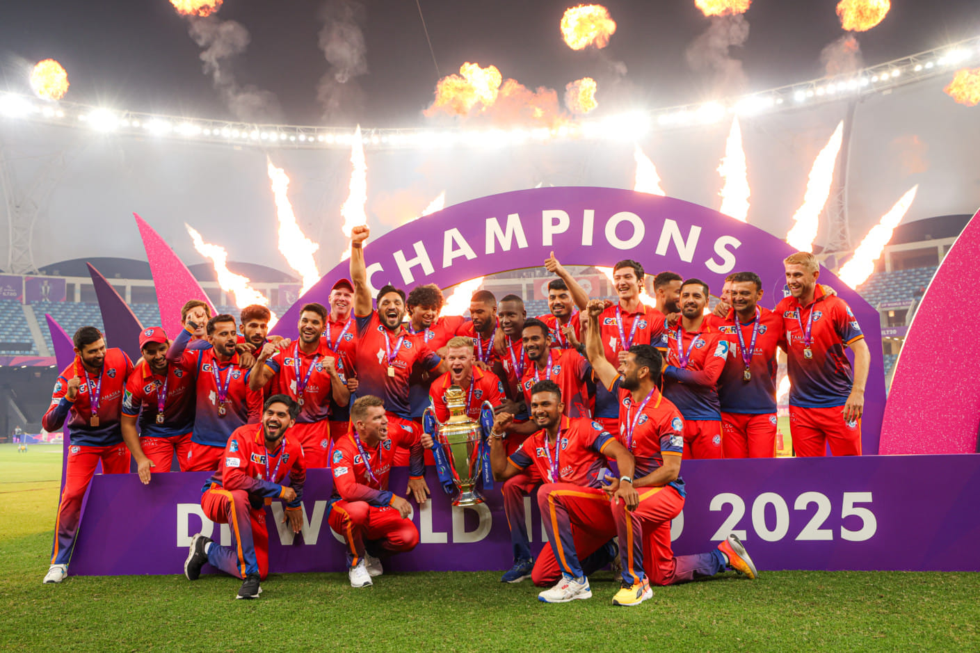 Dubai Capitals players celebrate after winning the 3rd edition of DP World ILT20  at Dubai International stadium last Sunday.