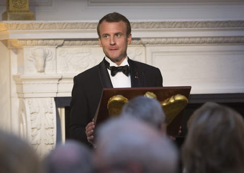 President Emmanuel Macron of France speaks during the State Dinner at The White House on April 24, 2018 in Washington, DC. 