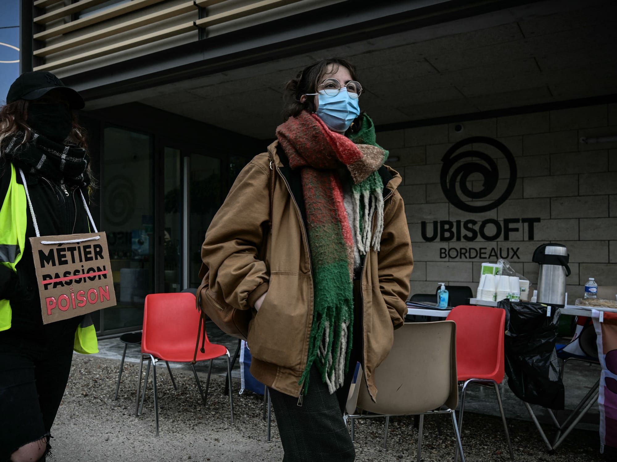 Employees demonstrate outside the French video game offices Ubisoft  on February 13, 2024.