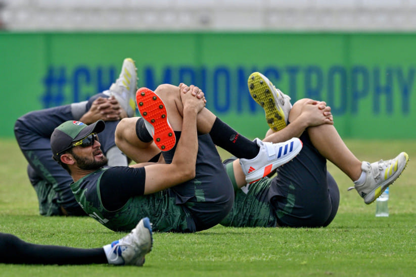 Pakistan's Shaheen Shah Afridi attends a practice session ahead of their ICC Men's Champions Trophy One-Day International (ODI) cricket match against New Zealand at the National Stadium in Karachi on February 17.
