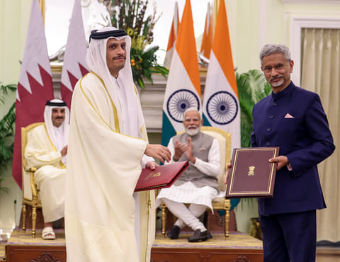 Prime Minister Narendra Modi with Sheikh Tamim Bin Hamad Al Thani, witness the signing of agreements between  External Affairs Minister S Jaishankar and Qatar's Prime Minister and Minister of Foreign Affairs Sheikh Mohammed bin Abdulrahman bin Jassim Al Thani, at Hyderabad House in New Delhi on Tuesday.  