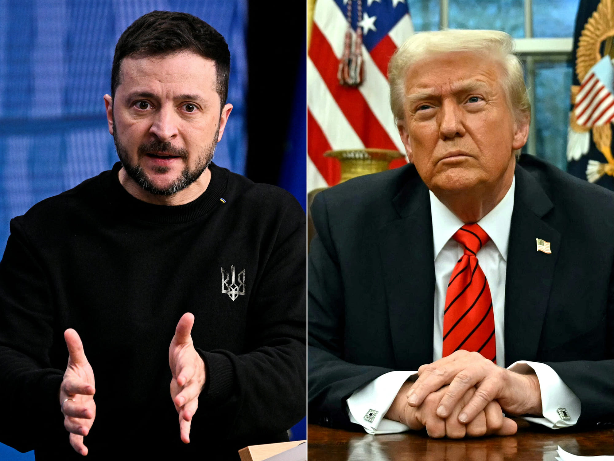 This combination of pictures created on February 19, 2025 shows, L-R, Ukraine's President Volodymyr Zelensky  in Brussels on December 19, 2024 and US President Donald Trump in Washington, DC, on February 10, 2025.