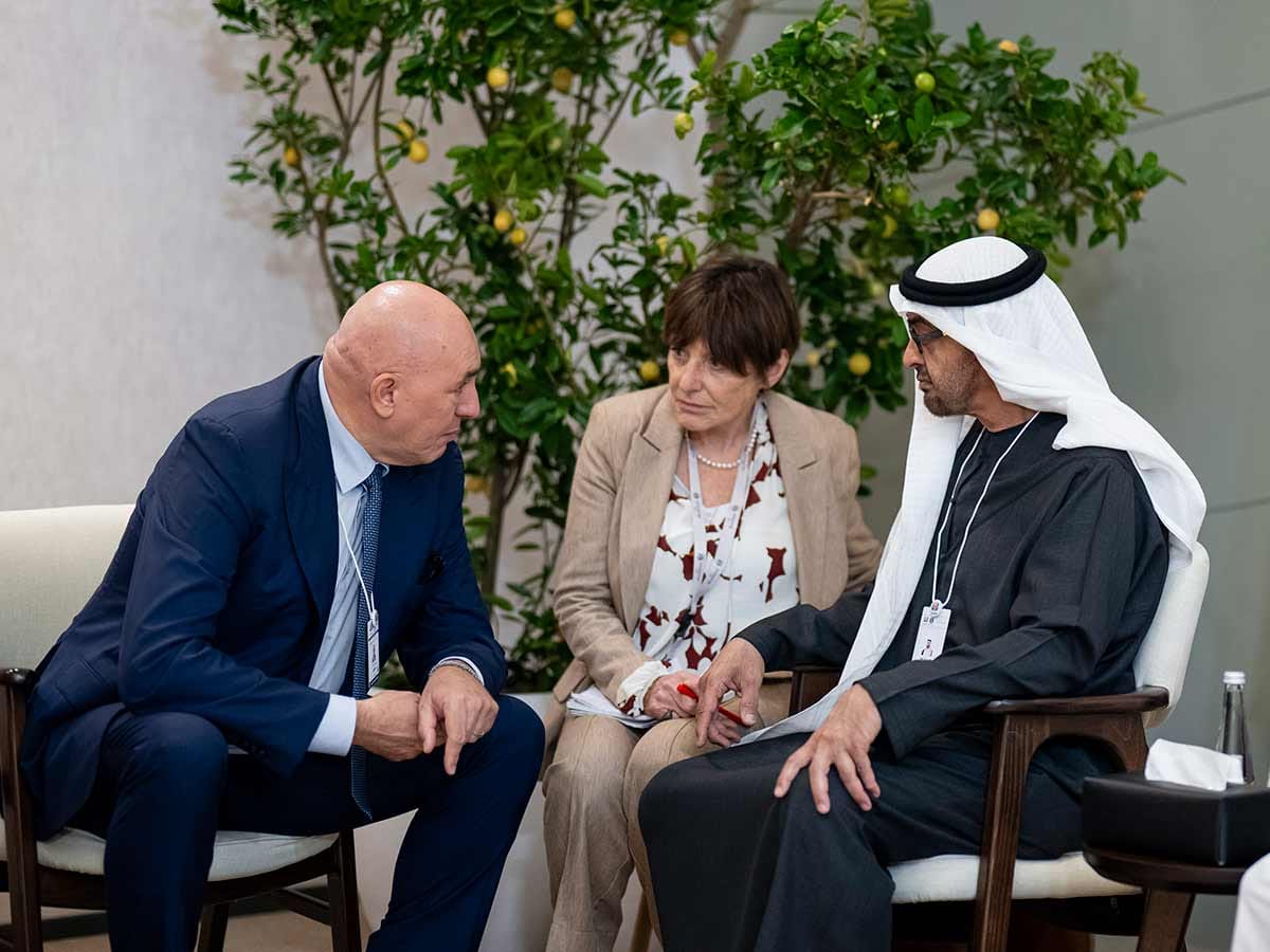 President His Highness Sheikh Mohamed bin Zayed Al Nahyan meets with Guido Crosetto, Minister of Defence of Italy, on the sidelines of the IDEX 2025, at Abu Dhabi National Exhibition Centre (ADNEC).
