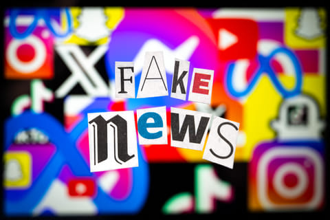 An illustration photo shows letters cut out of newspapers arranged to read "Fake news", set up in front of a screen displaying social media logos, in Mulhouse, eastern France, on February 20, 2025. A Kuwaiti citizen has been arrested for operating 16 fake social media accounts.