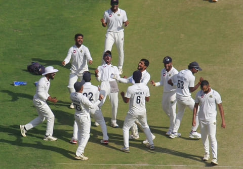 Kerala Ranji Trophy players celebrate after getting the crucial lead in the semi-finals against Gujarat.