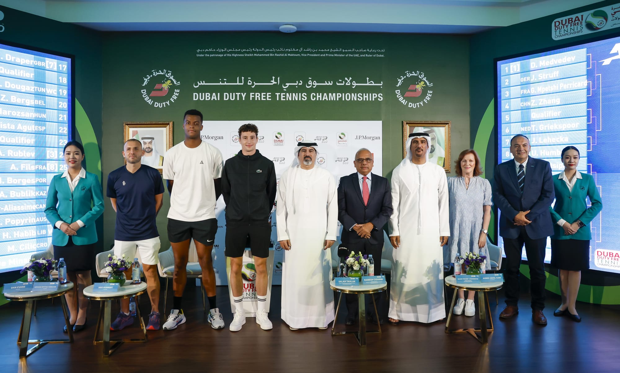 Officials and players during the Dubai Duty Free Tennis Championship men's official draw.
