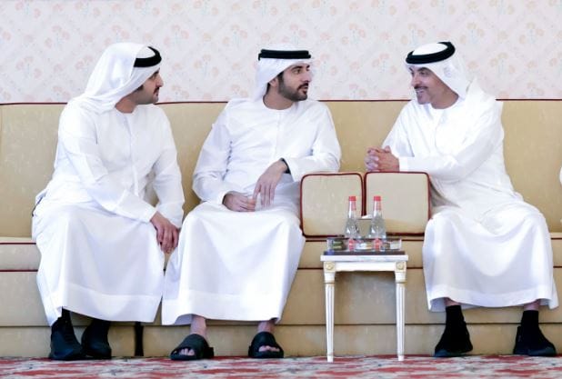 Sheikh Hamdan and Sheikh Hazza, joined by Sheikh Maktoum, discussed the UAE’s ongoing development under the country’s visionary leadership.