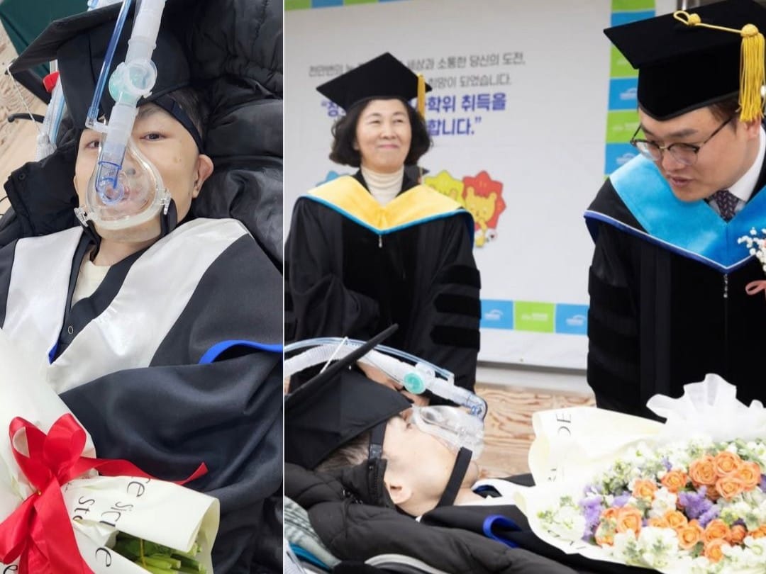 Jang Ik-sun, 37, earns his master's degree despite being almost completely  paralysed