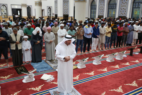 Faithful perform the prayers after Iftar on the first day of holy month of Ramadan at Al Farooq Omar Bin Al Khattab Mosque (Blue Mosque) in Dubai. 