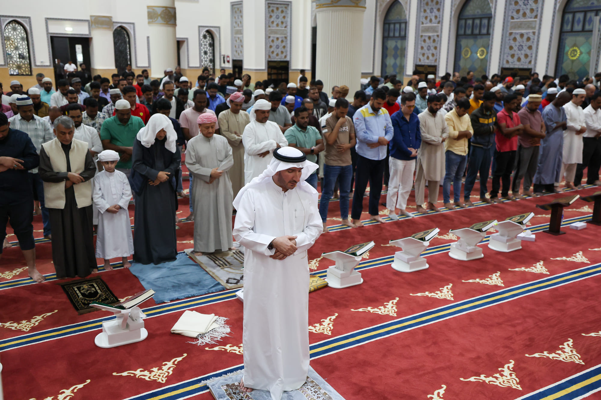 Faithful perform the prayers after Iftar on the first day of holy month of Ramadan at Al Farooq Omar Bin Al Khattab Mosque (Blue Mosque) in Dubai. 