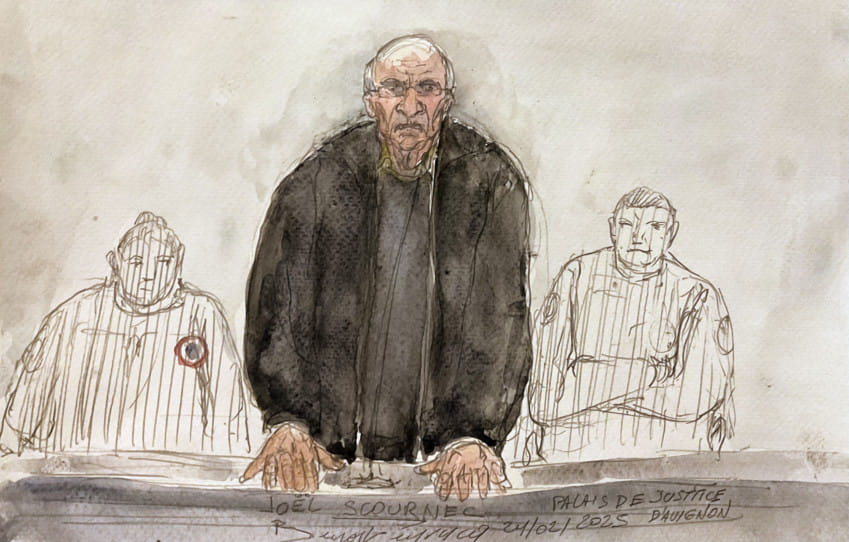 This court sketch created on February 24, 2025 shows retired surgeon Joel Le Scouarnec speaking during a hearing on the opening day of his trial on charges of assaulting or raping 299 patients at the Criminal Court in Vannes. 