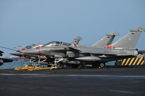 French Rafale Marine fighter jets during a media tour at Changi Naval Base in Singapore.