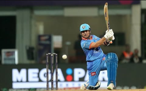 India Masters' Sachin Tendulkar plays a cover drive during the match against Australia Masters 