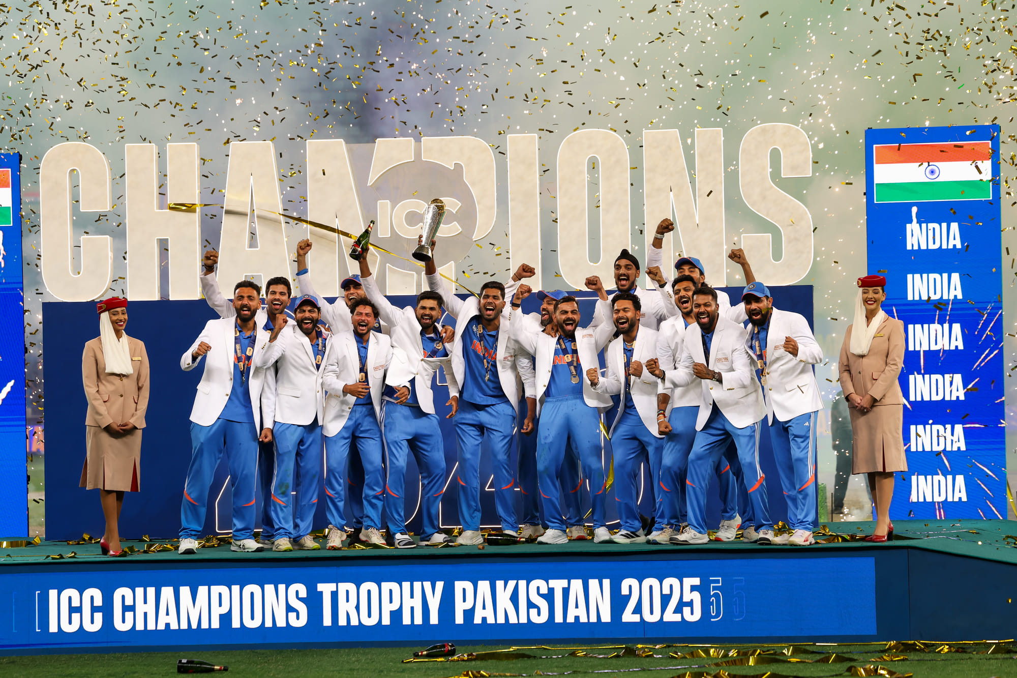 Indian team celebrate after The Champions Trophy 2025 defeating New Zealand in the final at Dubai International stadium on Sunday.