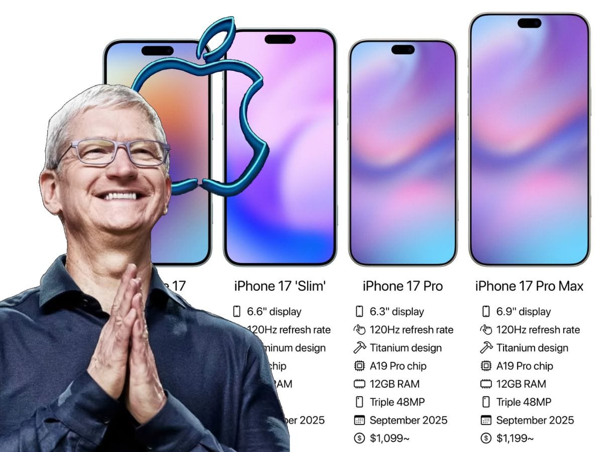 The rumoured iPhone 17 Pro Max, Pro, Slim/"Air" and the regular iPhone 17, with Apple CEO Tim Cook. Apple's leaked flagship smartphone is expected in the fall. Photo for illustrative purposes only.