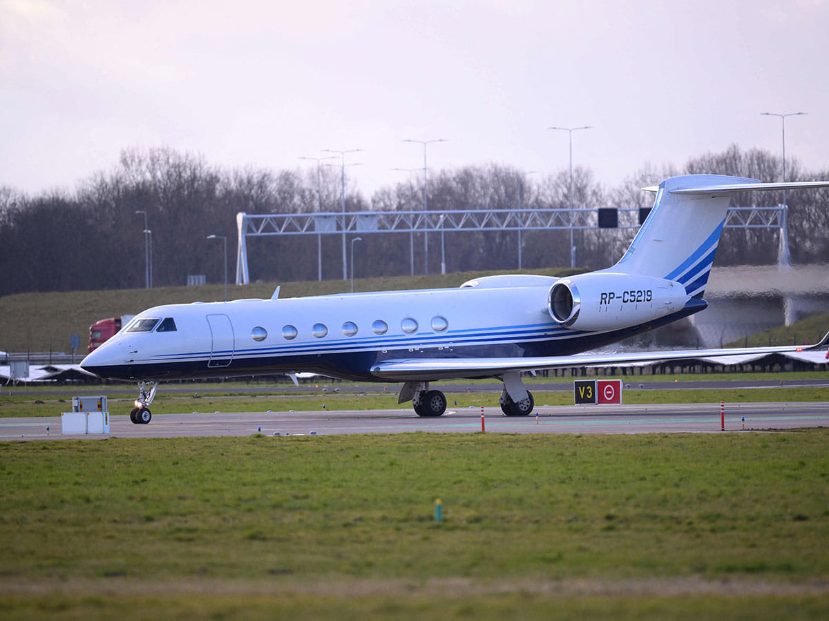A Gulfstream G550 plane believed to contain former Philippine President Rodrigo Duterte is seen after landing at Rotterdam The Hague Airport.