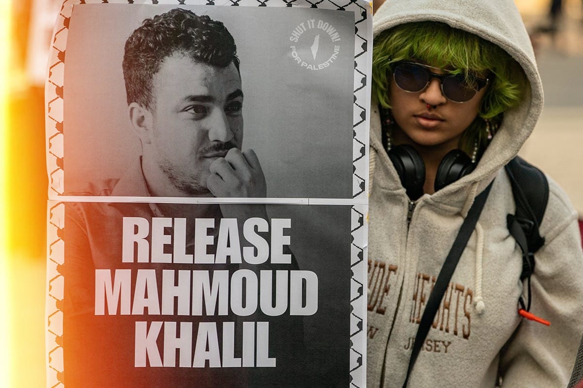  Protestors gather to demand the release of Mahmoud Khalil at Foley Square on March 10, 2025 in New York City. Mahmoud Khalil, a Columbia University graduate and Palestinian activist arrested Saturday, received a temporary reprieve from deportation. A federal judge in New York blocked the Trump administration's efforts to deport him until a conference on Wednesday. 