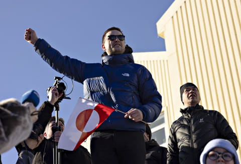 Leader of Greenland's centre-right Demokraatit party Jens Frederik Nielsen attends a march to the US consulate during a demonstration, under the slogan 'Greenland belongs to the Greenlandic people', in Nuuk, Greenland, on March 15, 2025.