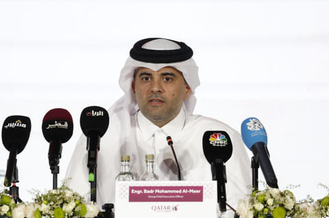 Badr Mohammed al-Meer, CEO of Qatar Airways, speaks during a press conference in which he addressed the expansion projet of Doha's Hamad International Airport, in Doha, on March 19, 2025.