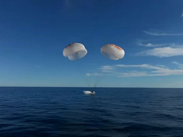 The Dragon capsule with the SpaceX Crew-9 astronauts during splashdown on March 18, 2025, off the coast of Florida. The SpaceX craft is returning stranded astronauts Butch Wilmore and Suni Williams..