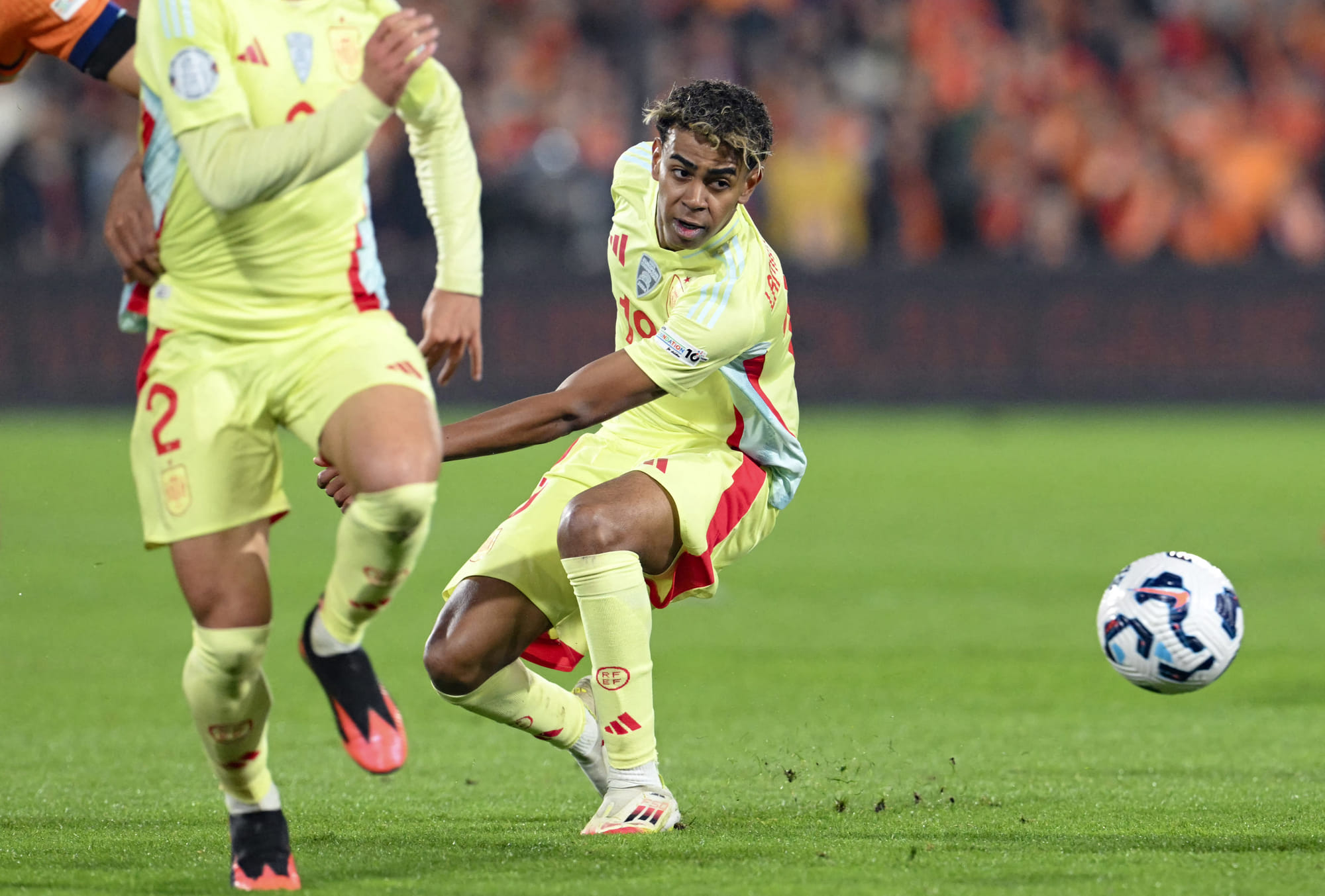 Spain's forwardLamine Yamal eyes the ball during the UEFA Nations League quarter-final first leg match against Netherlands at De Kuip stadium in Rotterdam, on March 20.