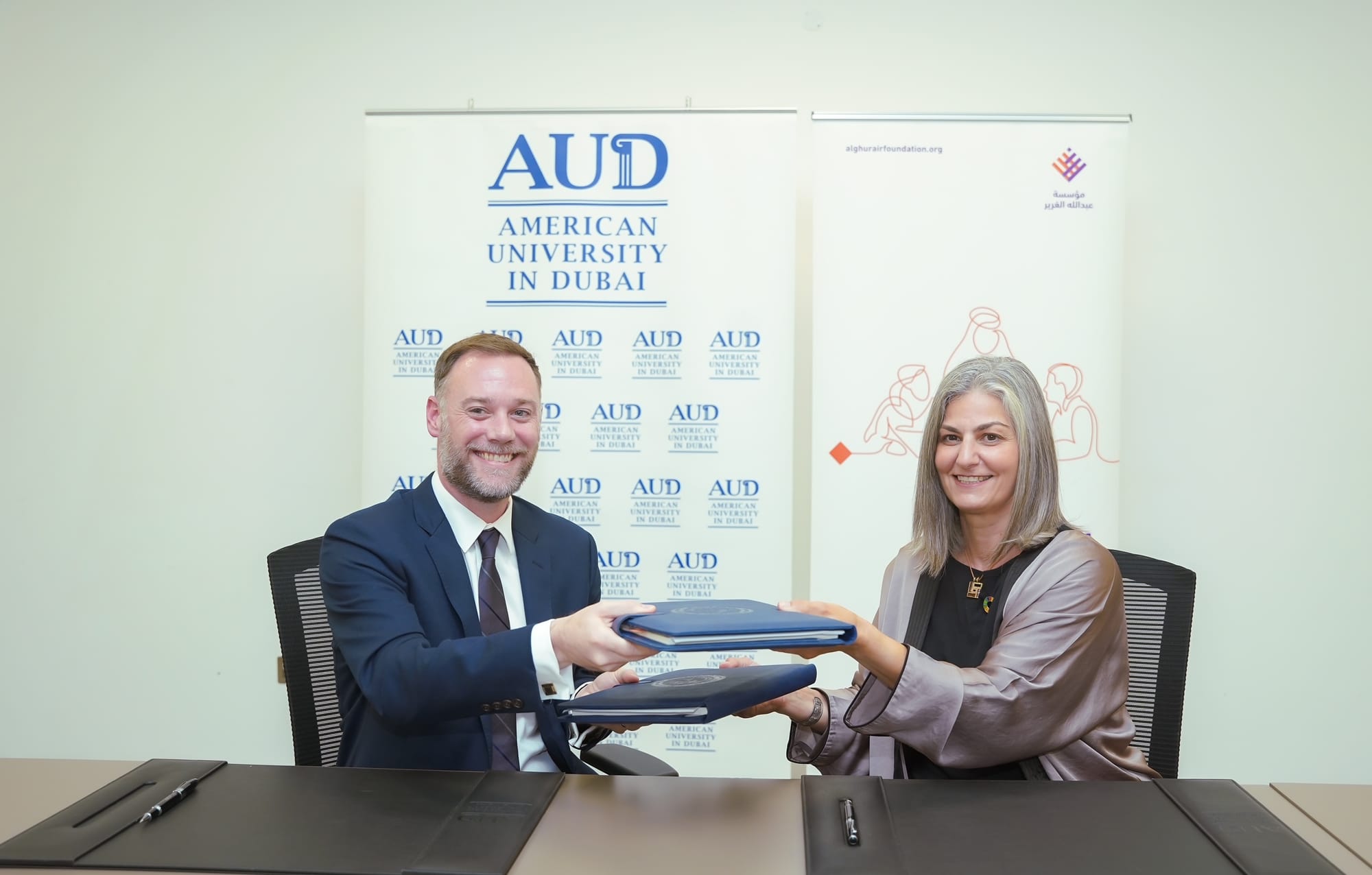 Dr. Kyle Long, President of the American University in Dubai and Dr. Sonia Ben Jaafar, CEO of the Abdulla Al Ghurair Foundation