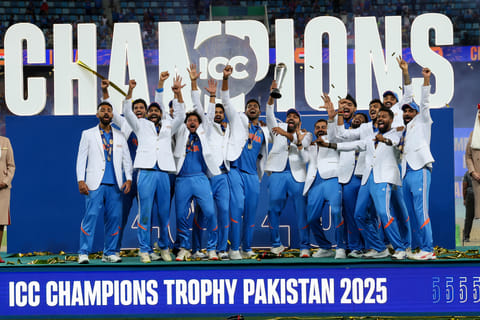 Indian team celebrate after winning the Champions Trophy 2025 with a four-wicket win over New Zealand in the final at Dubai International Stadium on May 9. 
