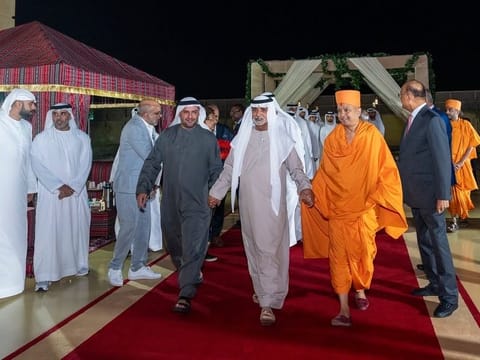 Sheikh Nahyan bin Mubarak Al Nahyan, Minister of Tolerance and Coexistence, attends an interfaith cultural evening at the BAPS Hindu Mandir in Abu Dhabi.