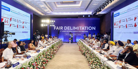 Telangana Chief Minister A Revanth Reddy, Punjab Chief Minister Bhagwant Mann, DMK MP Kanimozhi Karunanidhi, BRS working president KT Rama Rao and others attend the Joint Action Committee meeting for Fair Delimitation, in Chennai on Saturday. 