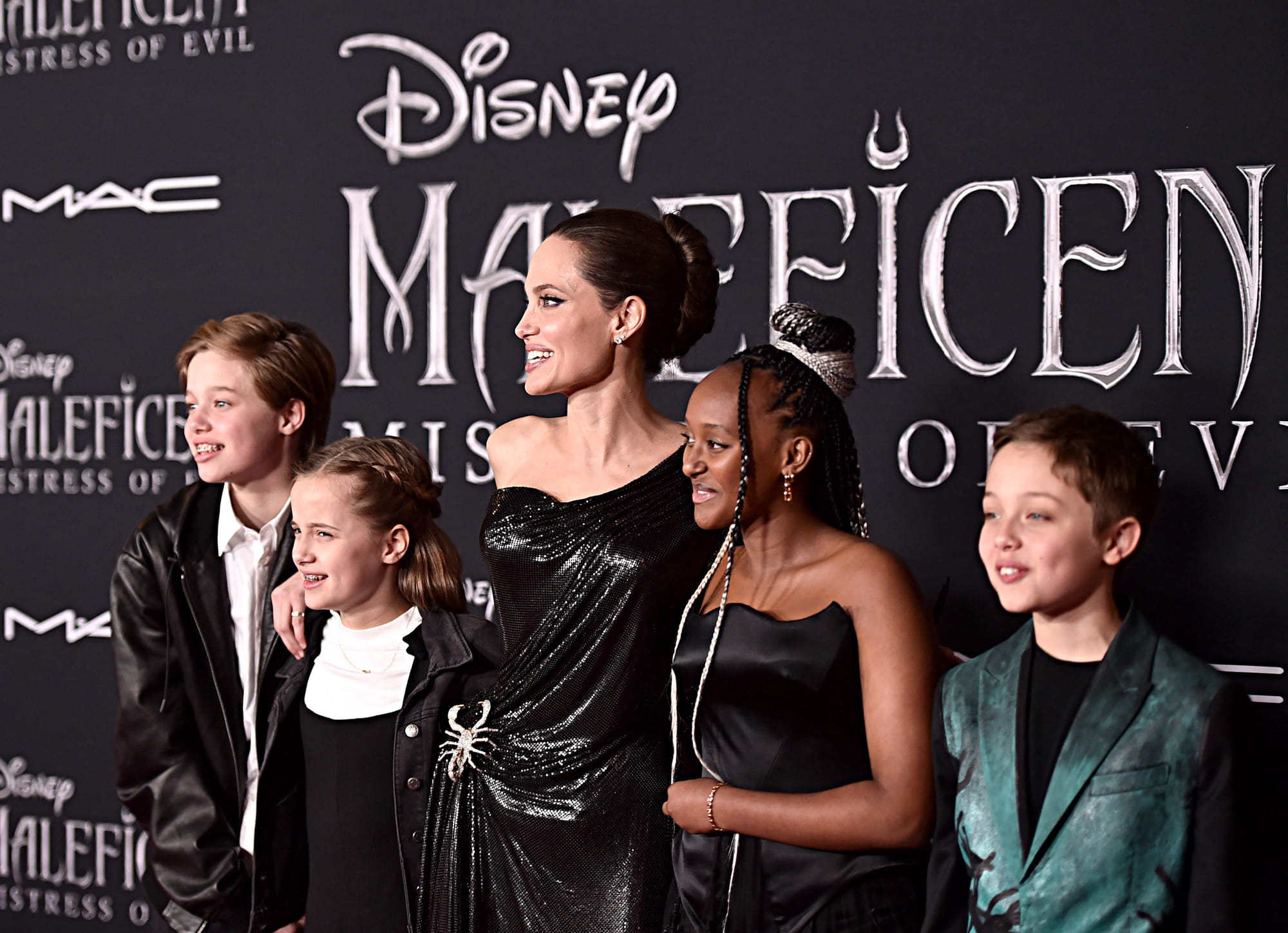 Shiloh Nouvel Jolie-Pitt, Vivienne Marcheline Jolie-Pitt, Actor Angelina Jolie, Zahara Marley Jolie-Pitt, and Knox Léon Jolie-Pitt attend the World Premiere of Disney’s "Maleficent: Mistress of Evil" at the El Capitan Theatre on September 30, 2019 in Hollywood, California.