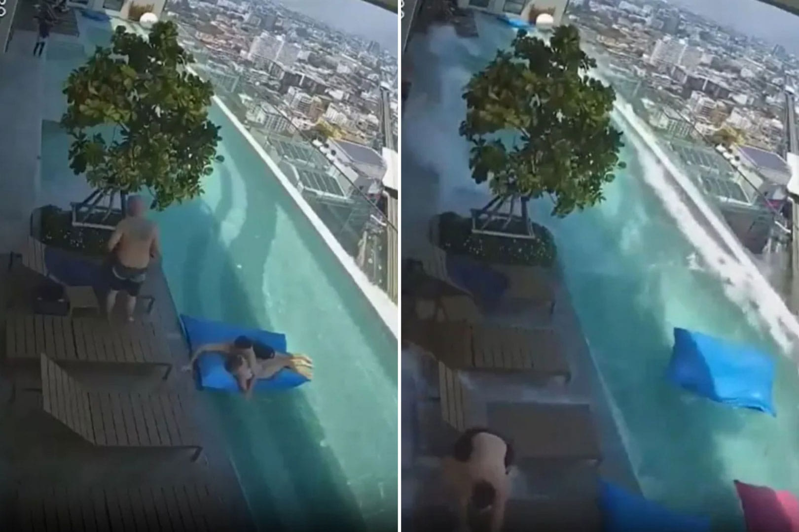 Rooftop swimming pools violently sloshed and overflowed, with footage capturing water cascading from buildings. 