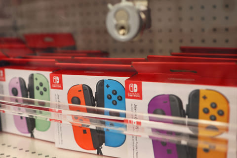Nintendo Switch remotes are seen at a Target store on April 02, 2025 in the Flatbush neighborhood of the Brooklyn borough in New York City.