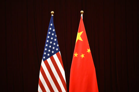 This photo shows a gerenal view of China's and USA's flags