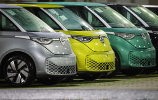 VW ID Buzz vehicles, fully electric-driven microbus cars from Volkswagen Commercial Vehicles, are seen parked before delivery at the commercial vehicle plant of German car manufacturer Volkswagen (VW) in Hanover, northern Germany. File photo taken on December 20, 2024.