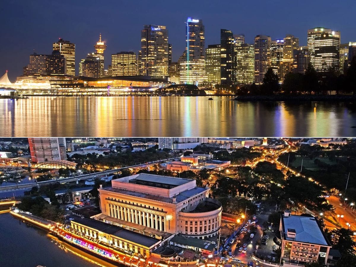 The new direct Vancouver-Manila route was launched on April 1, 2025, serviced by Air Canada Boeing 787 Dreamliners. A night-time view of Vancouver (top) and Manila (bottom).