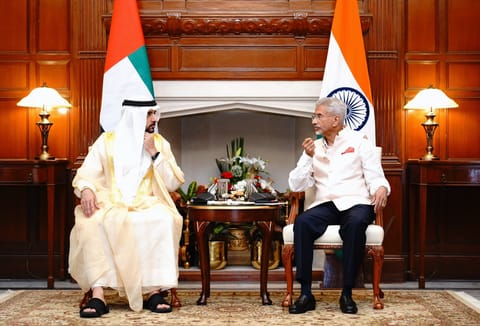 Sheikh Hamdan bin Mohammed bin Rashid Al Maktoum and Dr Subrahmanyam Jaishankar during their meeting in New Delhi on Tuesday. 