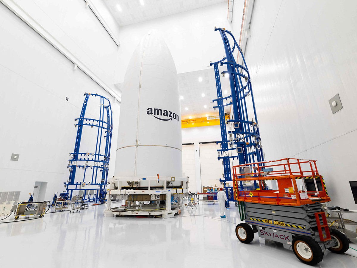 Project Kuiper’s satellites encapsulated in an Atlas V rocket fairing at Amazon’s satellite processing facility in Cape Canaveral, Florida.