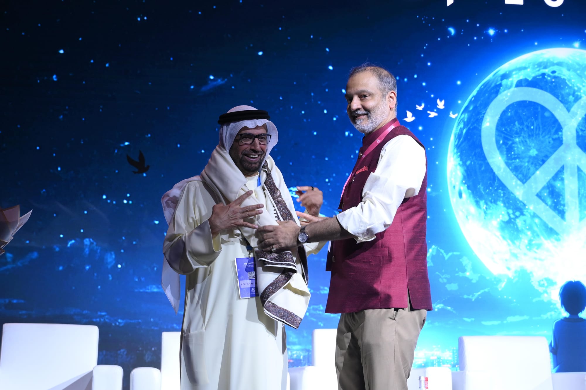 Dr Ali Rashid Al Nuaimi and Dr Huzaifa Khorakiwala at the opening session of Global Justice, Love & Peace summit in Dubai on Saturday