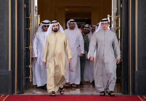 His Highness Sheikh Mohammed bin Rashid Al Maktoum, Vice President and Prime Minister of the UAE and Ruler of Dubai,  Sheikh Mansour bin Zayed Al Nahyan, Vice President, Deputy Prime Minister and Chairman of the Presidential Court; and Sheikh Maktoum bin Mohammed bin Rashid Al Maktoum, First Deputy Ruler of Dubai, Deputy Prime Minister and Minister of Finance of the UAE during the cabinet meeting on Monday, April 14.