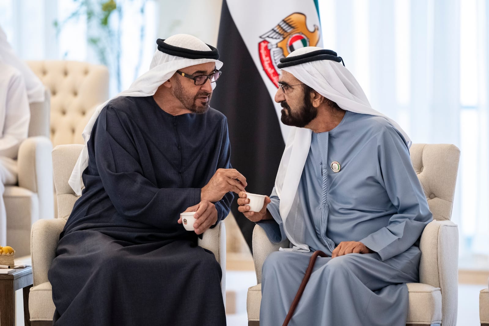 Sheikh Mohamed bin Zayed Al Nahyan, President of the United Arab Emirates (L), receives HH Sheikh Mohamed bin Rashid Al Maktoum, UAE Vice President, Prime Minister and Ruler of Dubai (R), during a Sea Palace barza.
