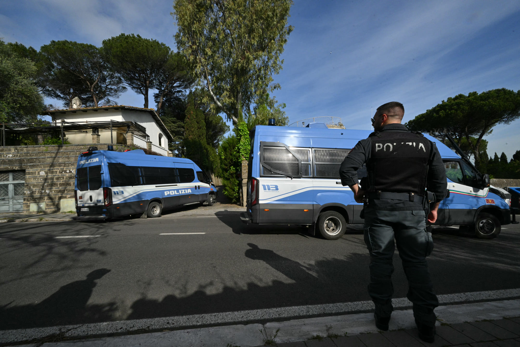 Policemen take position near the Omani embassy in Rome where a second round of nuclear talks between Iran and the United States will be held on April 19, 2025.