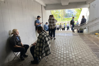 People take shelter in an underpass in Kyiv on April 21,2025 during an alert due to a drone attack that started shorty after an announcement of an Easter truce by Russian president Vladimir Putin,amid Russian invasion in Ukraine.