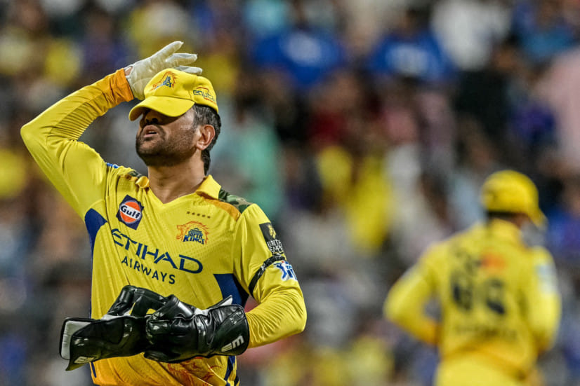 Chennai Super Kings' skipper Mahendra Singh Dhoni wears a dejected look during the IPL Season 18 match against Mumbai Indians at Wankhede Stadium on Sunday.
