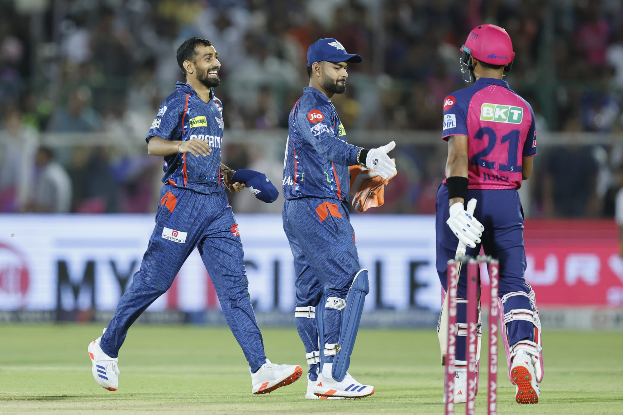 Lucknow Super Giants skipper Rishabh Pant shaking hands with Dhruv Jurel after winning the match in the IPL Season 18 last Saturday.