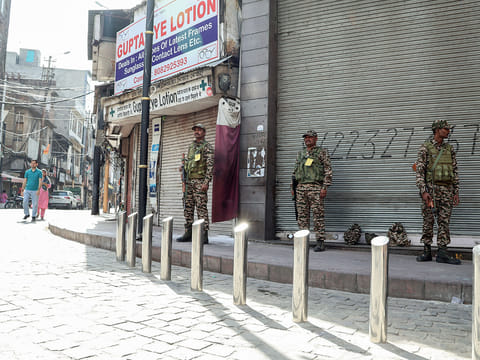 Paramilitary personnel stand guard as shops remain closed after 'Jammu Bandh' call by various organisations over Pahalgam terror attack.