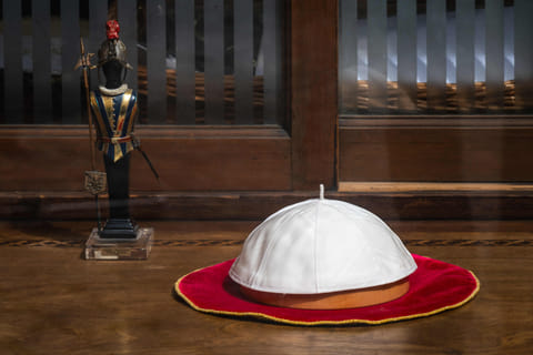 This photograph shows a white Zucchetto, a small skullcap worn by clerics, in Rome on April 24, 2025. 