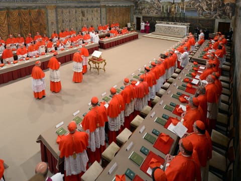 This handout picture released by the Press office shows cardinals queuing in the Sistine Chapel to swear on the Bible to never reveal the secrets of their deliberations before the start of the conclave at the Vatican on March 12, 2013